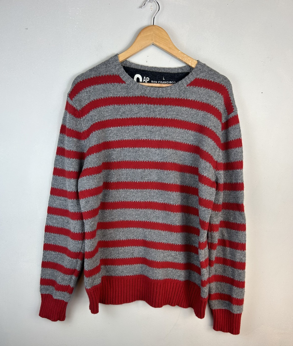 Vintage GAP Sweater Mens Sz L Striped Crewneck Wool Blend Hong Kong 90s Red Gray